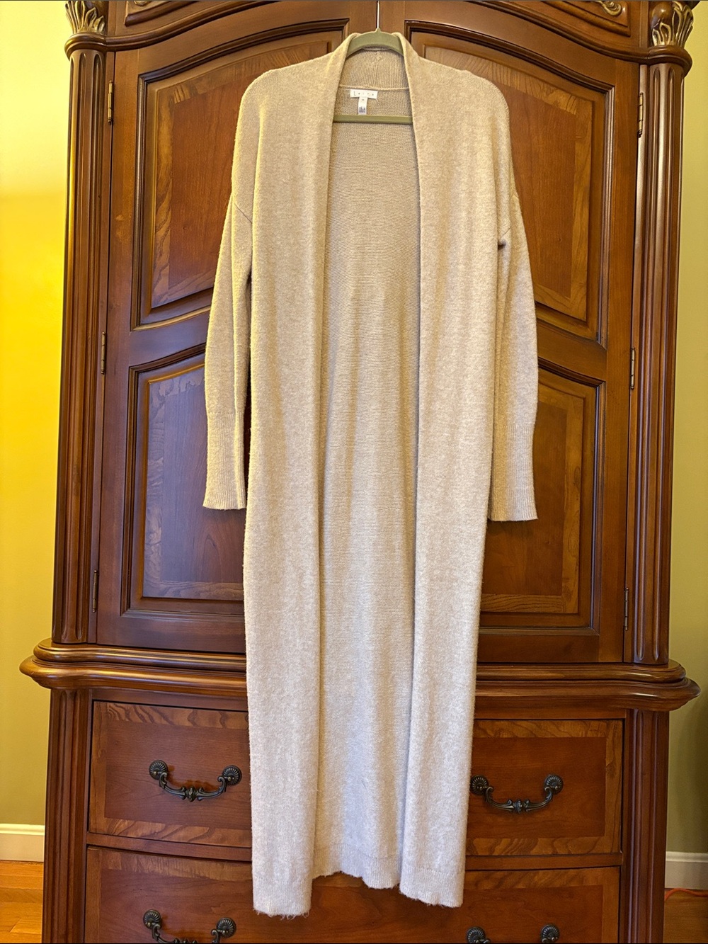 Leith Long Open-Front Beige Knit Duster, XS